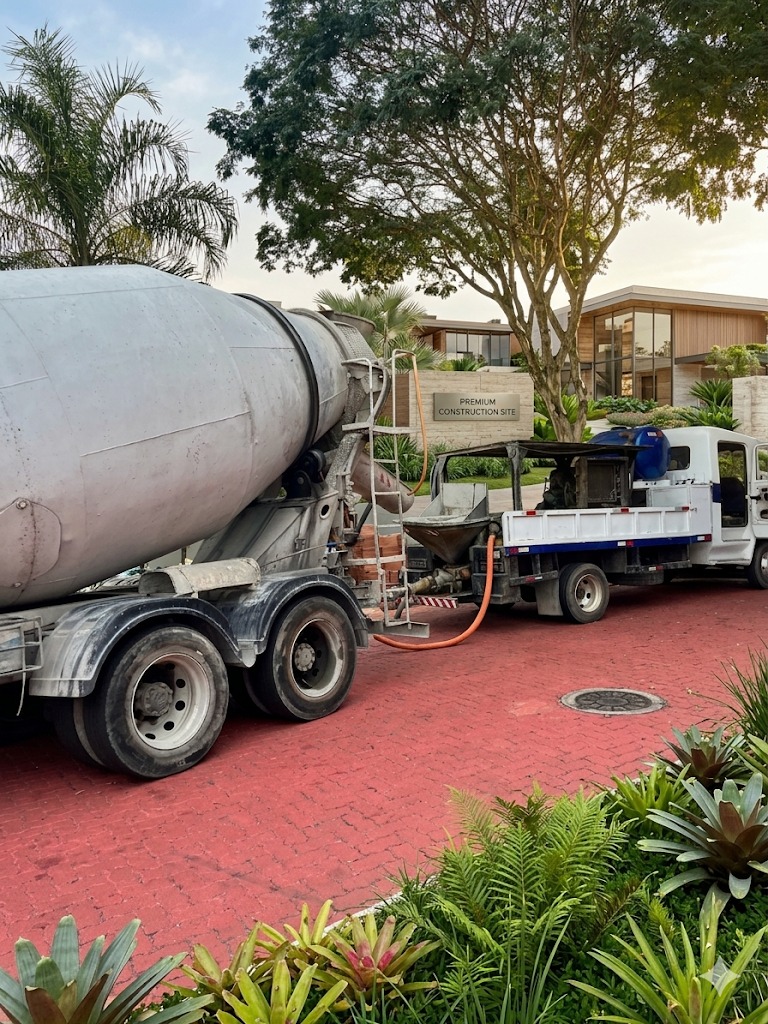 Caminhão betoneira e bomba de concreto em operação em obra residencial no Rio de Janeiro